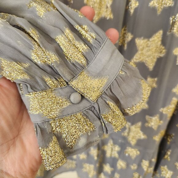 Loft Gold Star Print Shimmer Long-Sleeve Tiered Dress Gray Metallic Babydoll - Picture 5 of 11